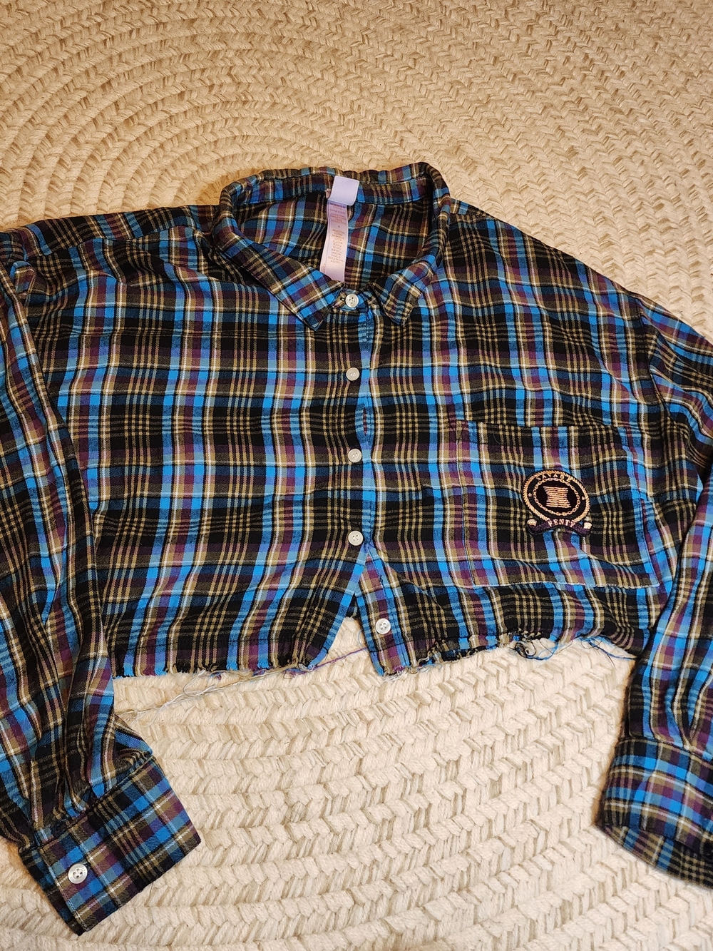 Savage X Fenty Black, Blue & Purple Plaid Cropped Button-Up